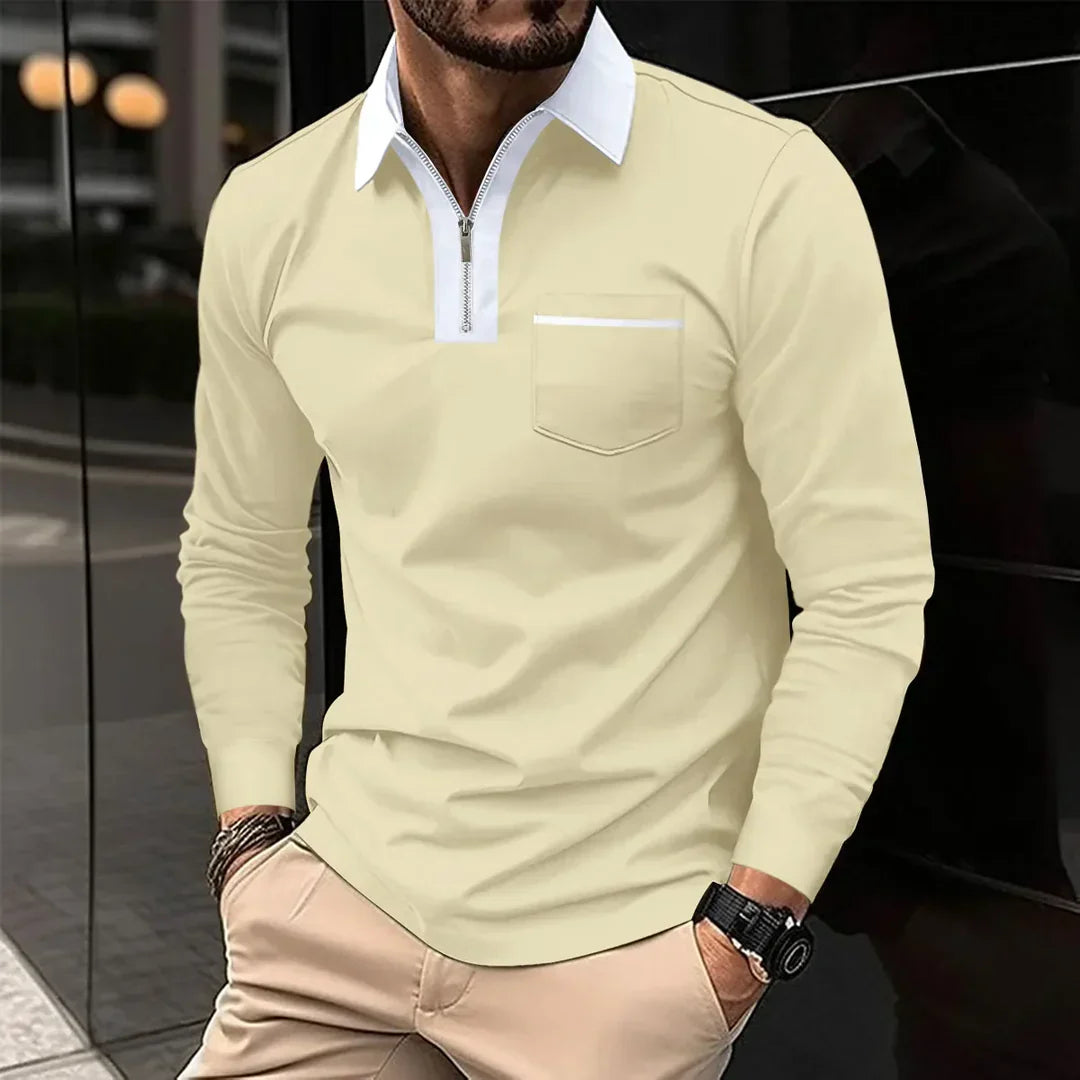 Alex | polo shirt with long sleeves and contrasting collar with zip