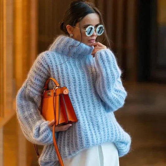 Women's jumper - with fluffy turtleneck and cross-stitch pattern